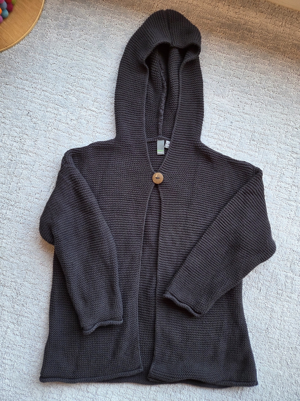 Hooded Knit Cardigan with Wooden Button - Black- 100% Cotton